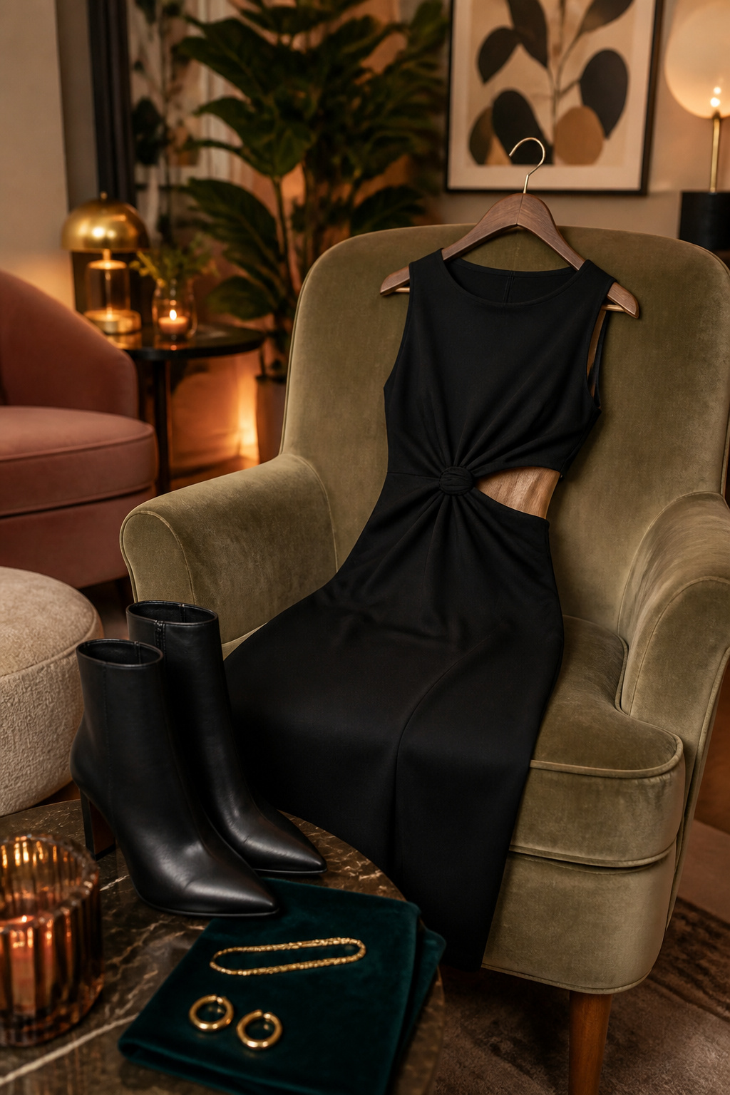 Midi dress with a cutout at the ribcage and sleek heeled boots.