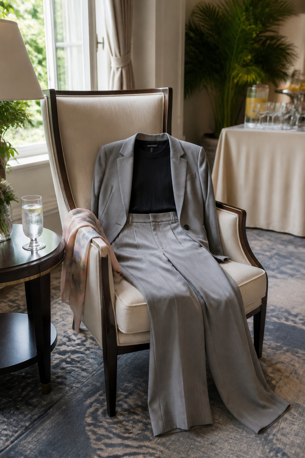 A gray tailored pant and blazer set on a high-backed chair.