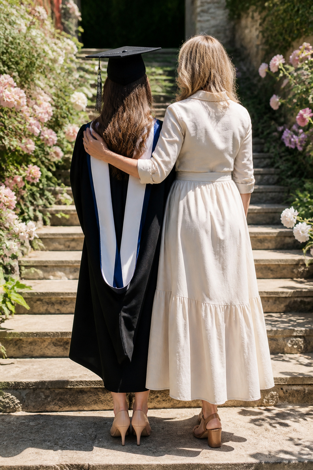 A model in the Staud Maxi Shirtdress at an outdoor graduation ceremony.