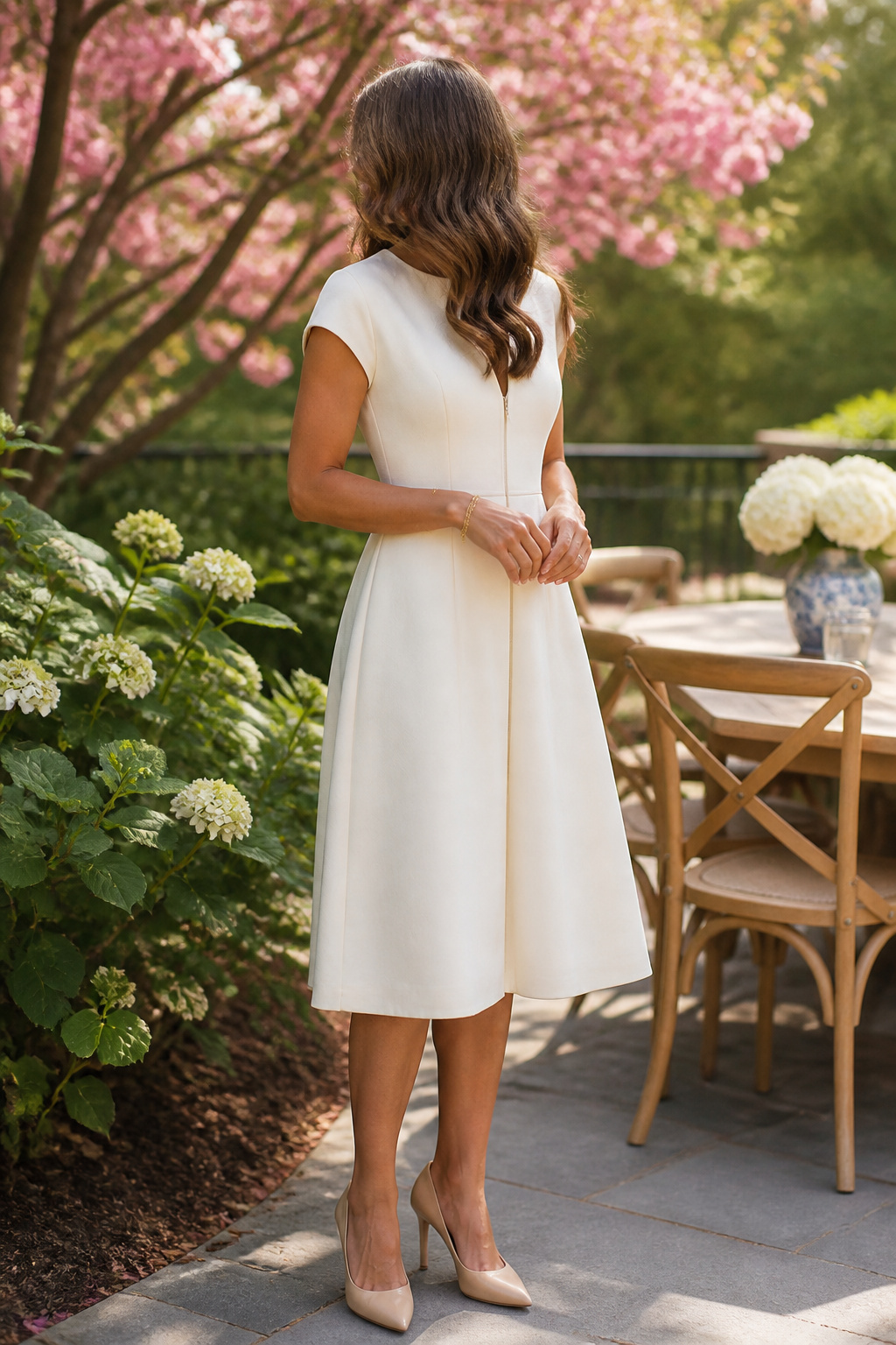 A model wearing the Anthro Cap Sleeve Zip Dress under blooming trees.