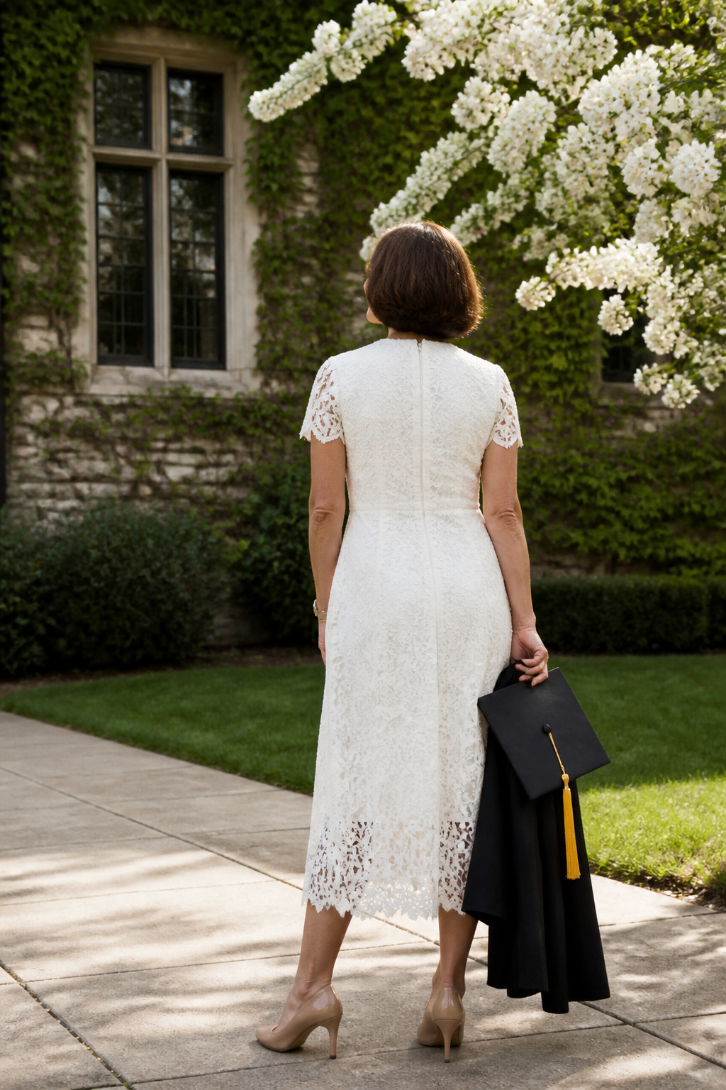 A woman wearing the white Tobie Dress against an ivy-covered building.