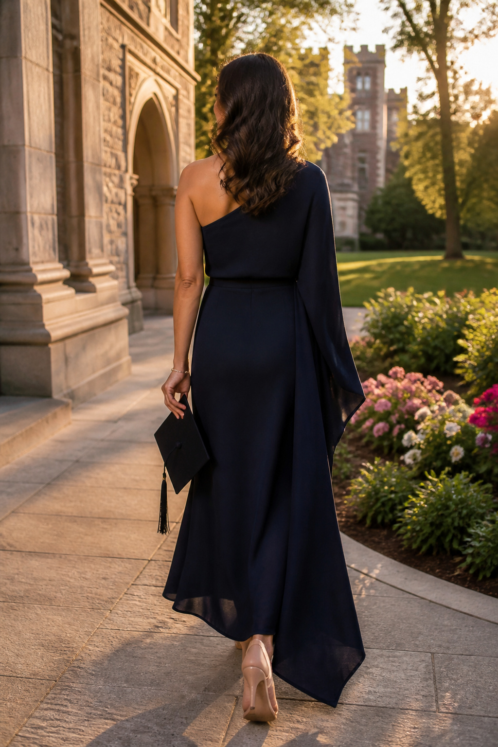A woman wearing the Rails Selani One-Shoulder Dress in a natural campus setting.