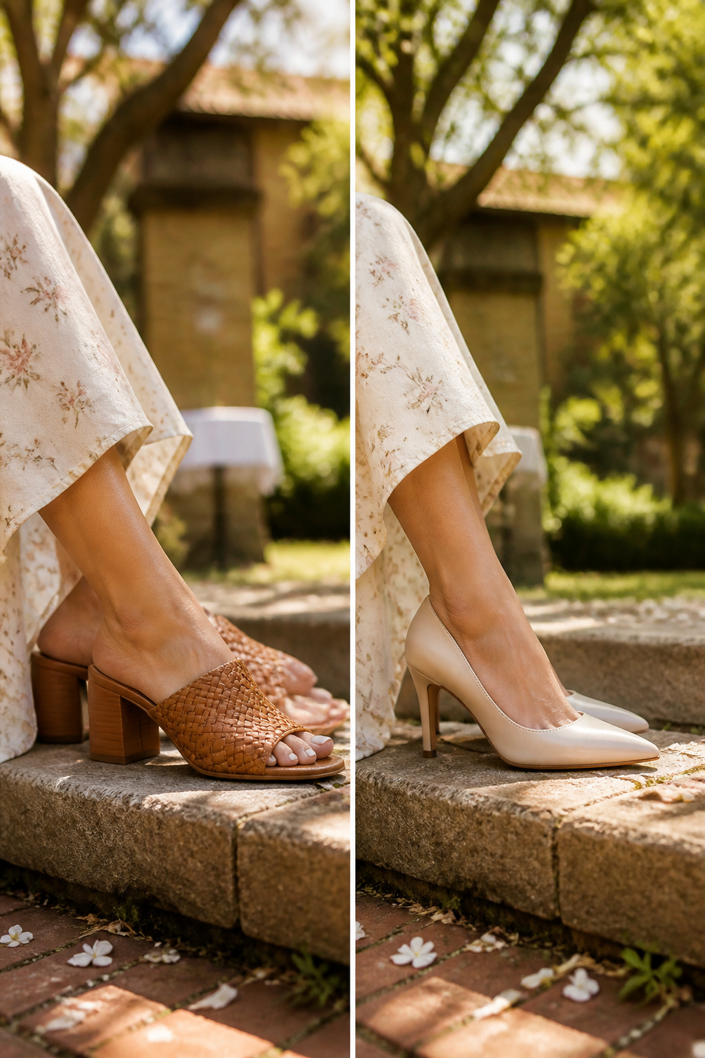 A pair of strappy block heel sandals on a surface.