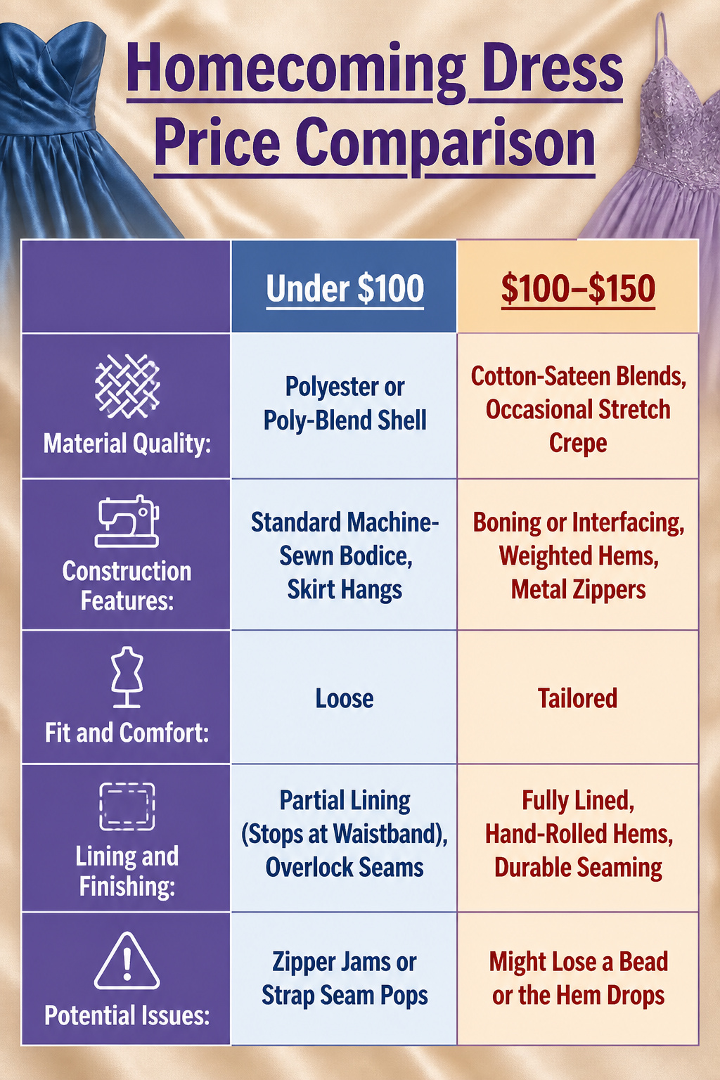A chart comparing prices and quality of various homecoming dresses.
