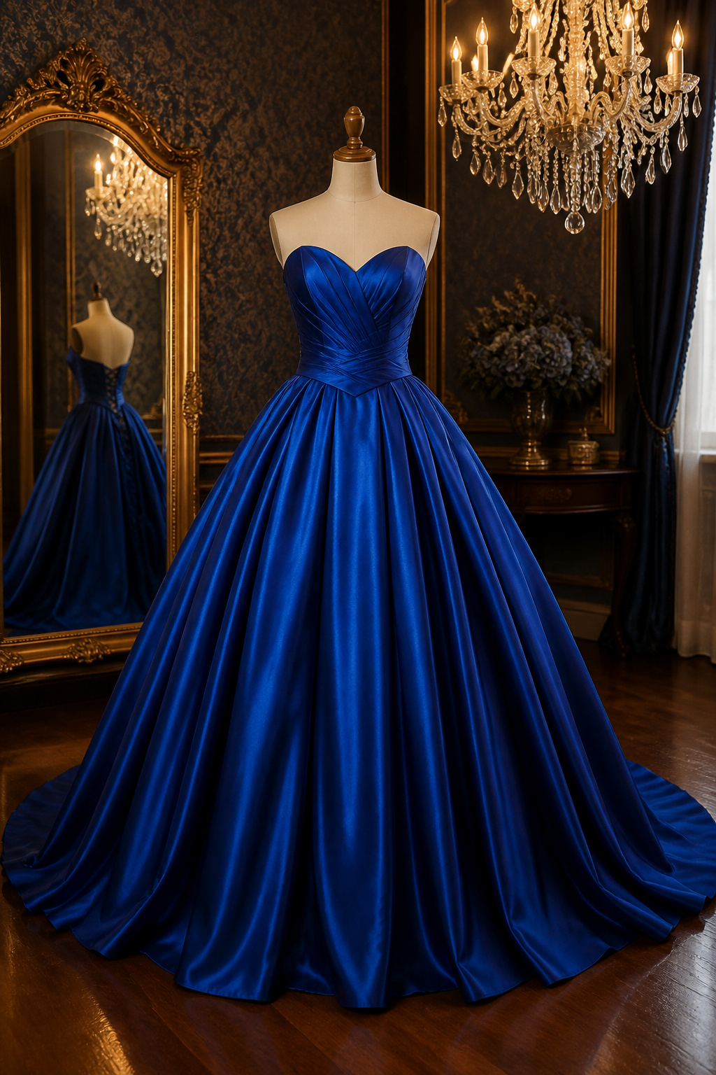 A formal ball gown featuring a structured bodice and a voluminous skirt.