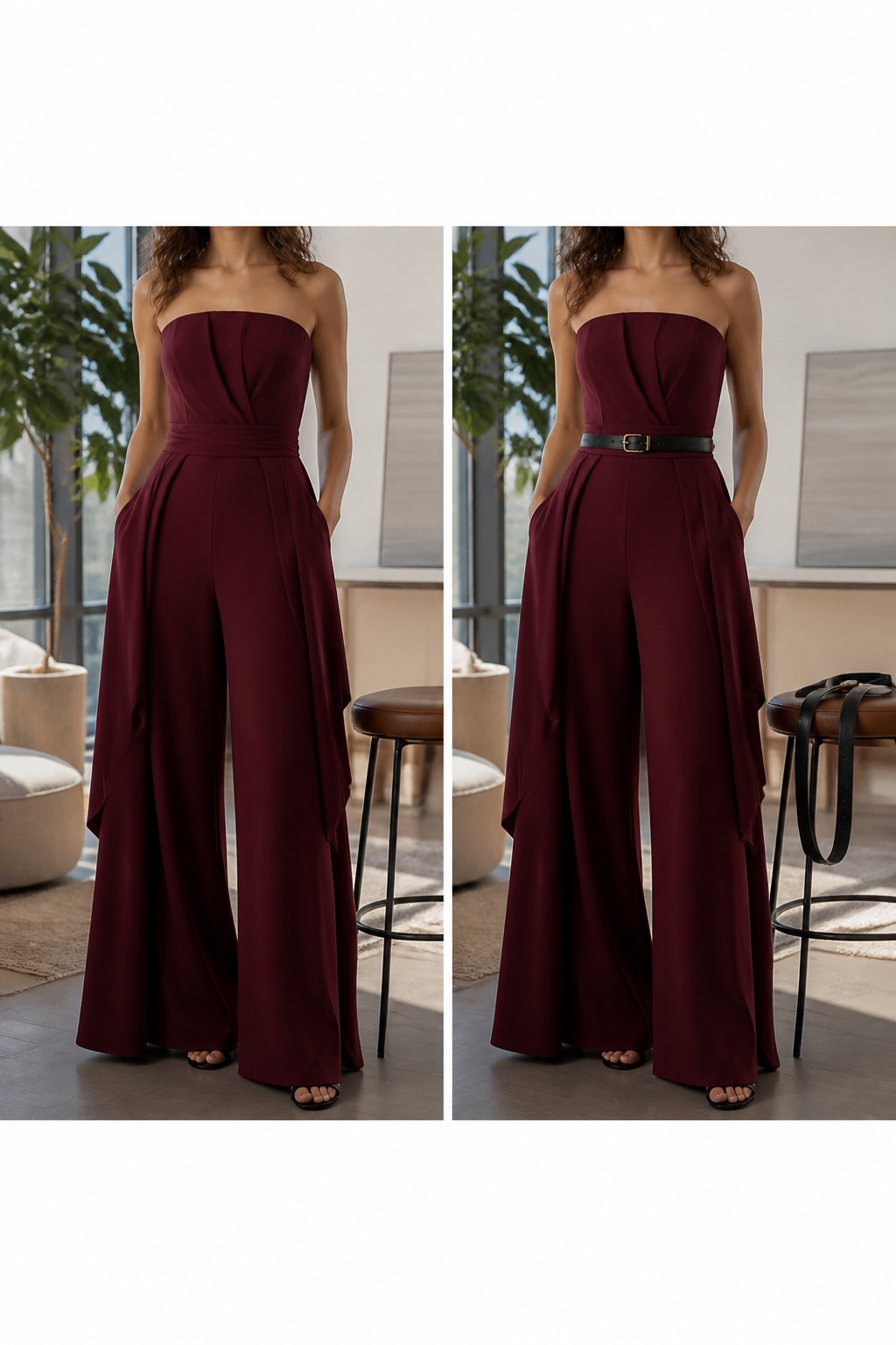 A dark jumpsuit with a fluid design, styled to look elegant from the waist up.