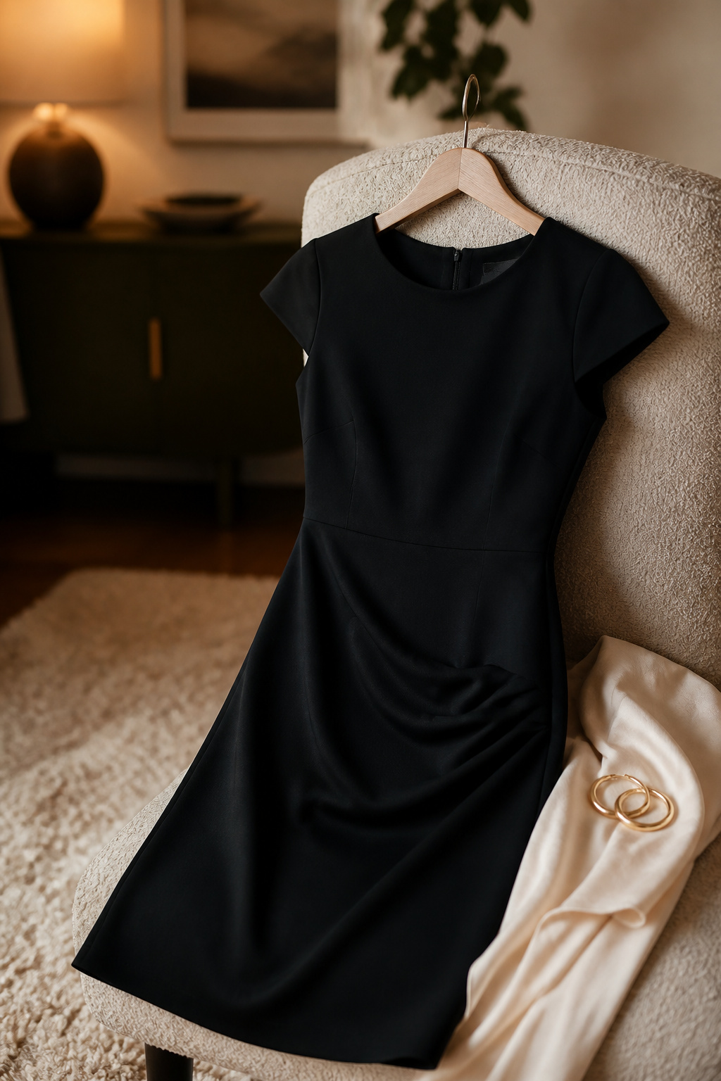 A little black dress made of crepe fabric, showcasing a timeless style.