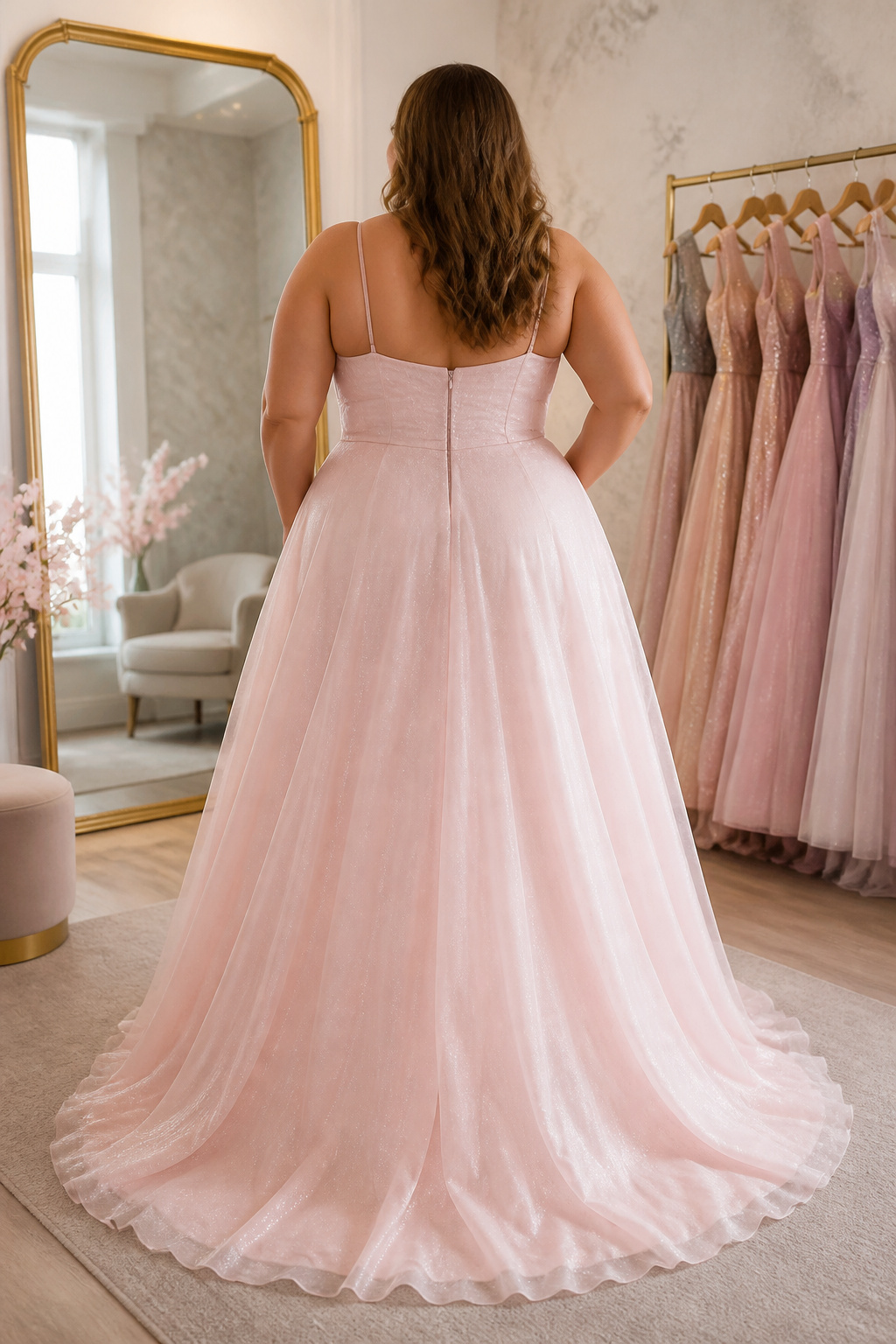 A plus-size light pink prom dress with structured bodice and wide straps.