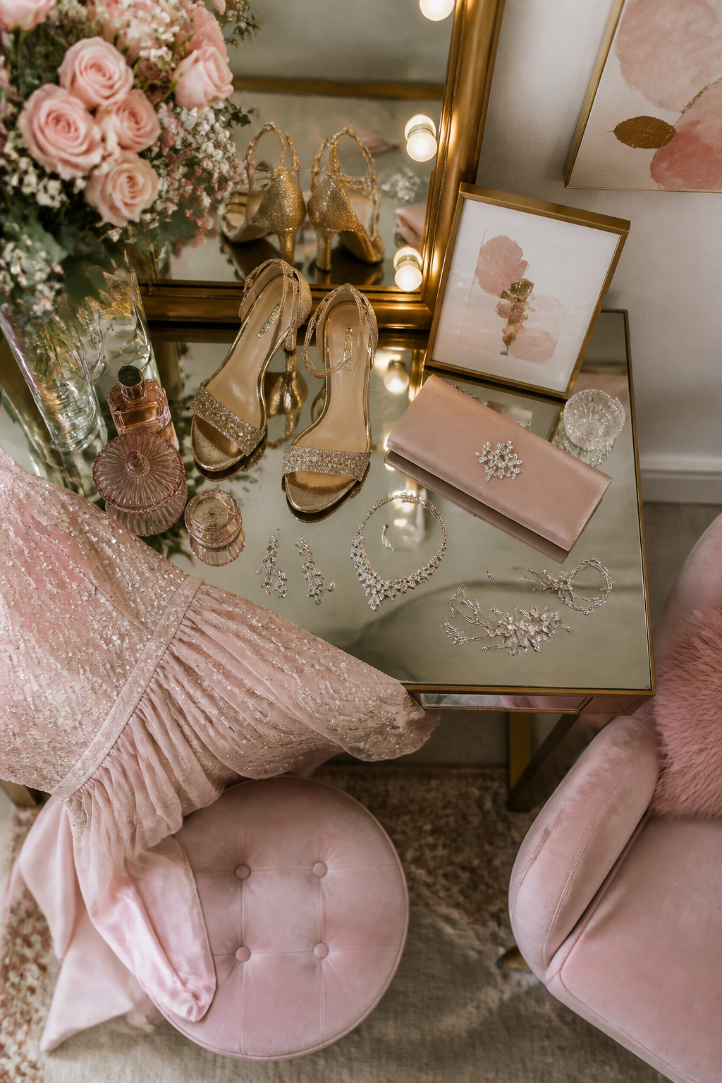 Metallic shoes arranged next to a light pink prom dress.