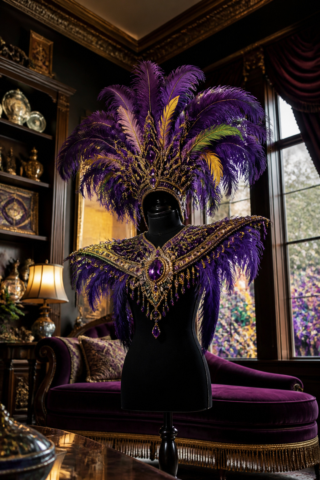 Purple Mardi Gras headdress and shoulder collar set resting on a table.