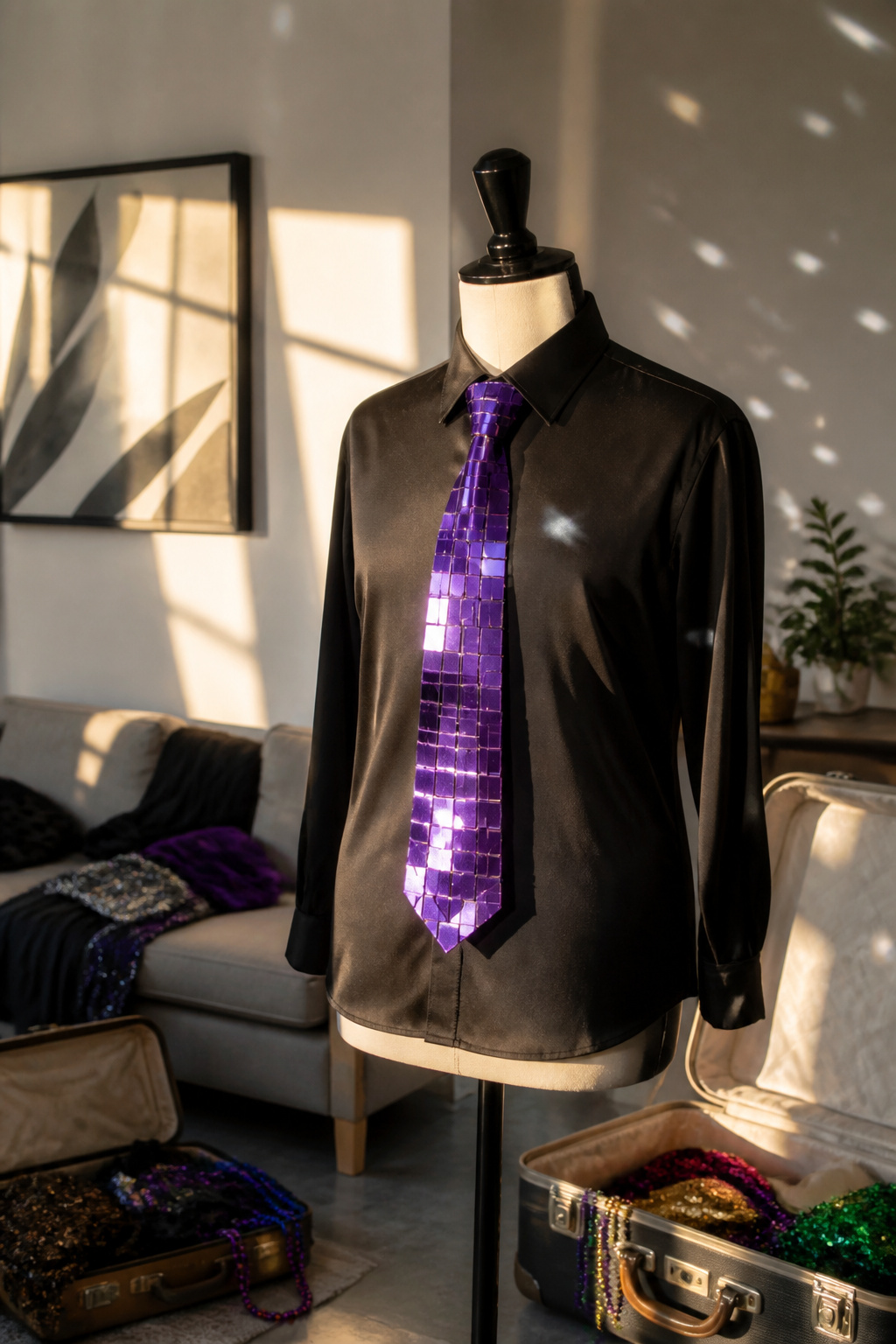Purple mirror disco ball necktie shown against a minimalist background.