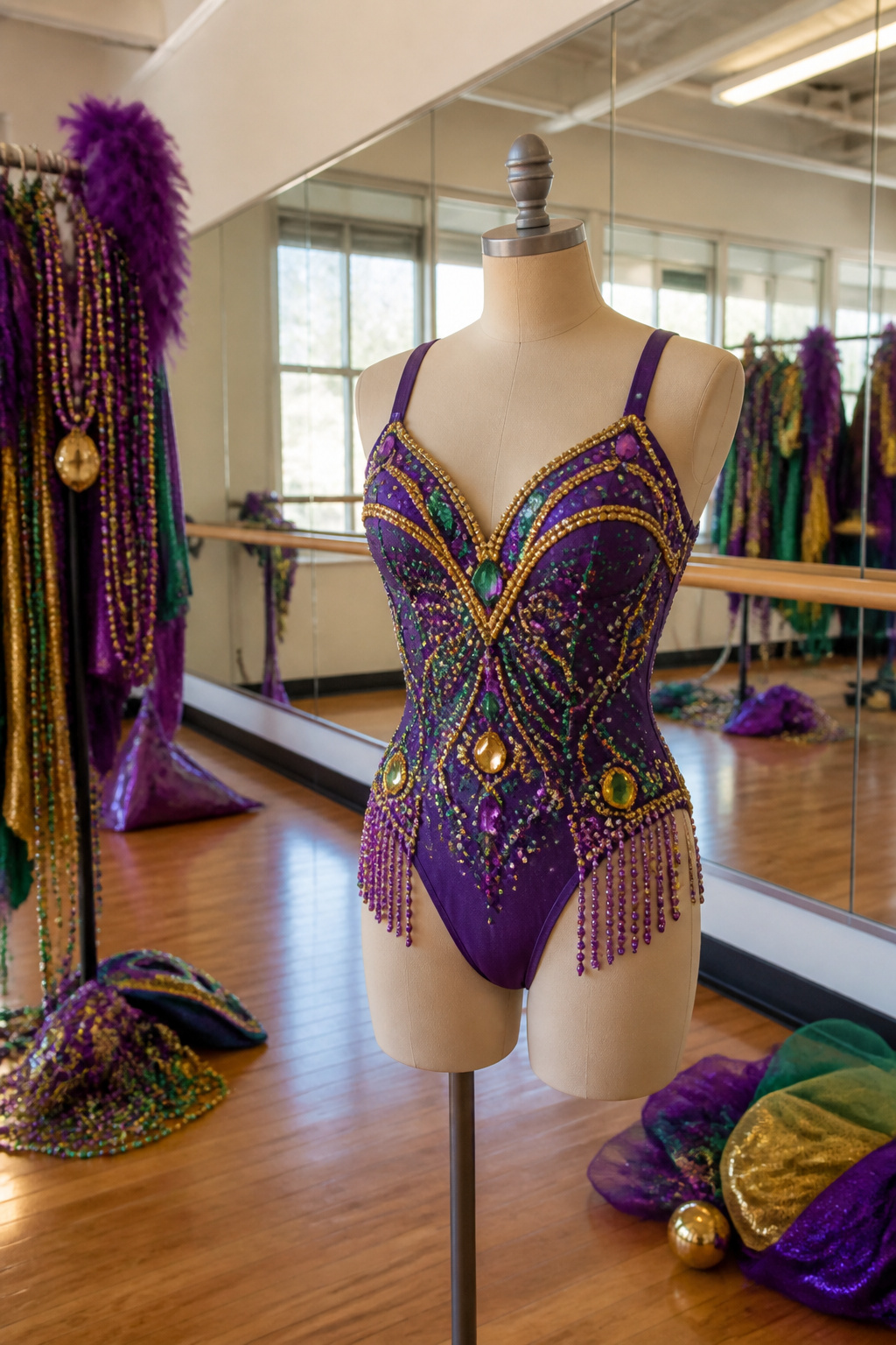 Purple beaded jazz dance leotard shown on a flat surface.