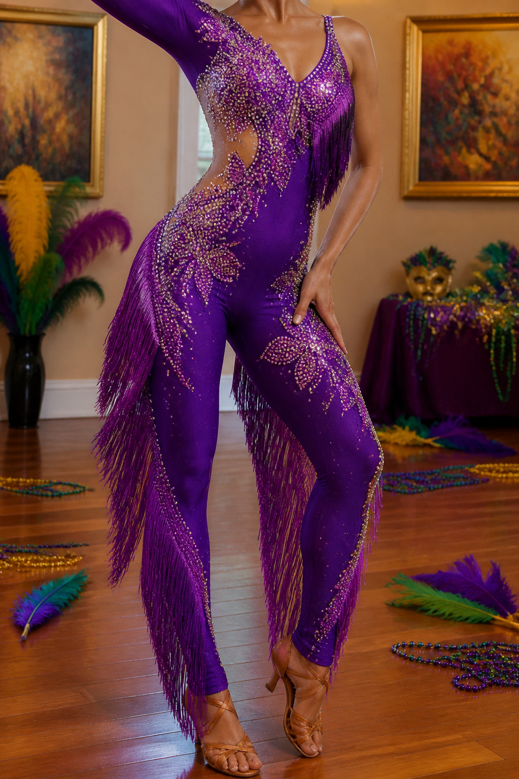 Floral crystallized purple catsuit pants displayed on a flat surface.
