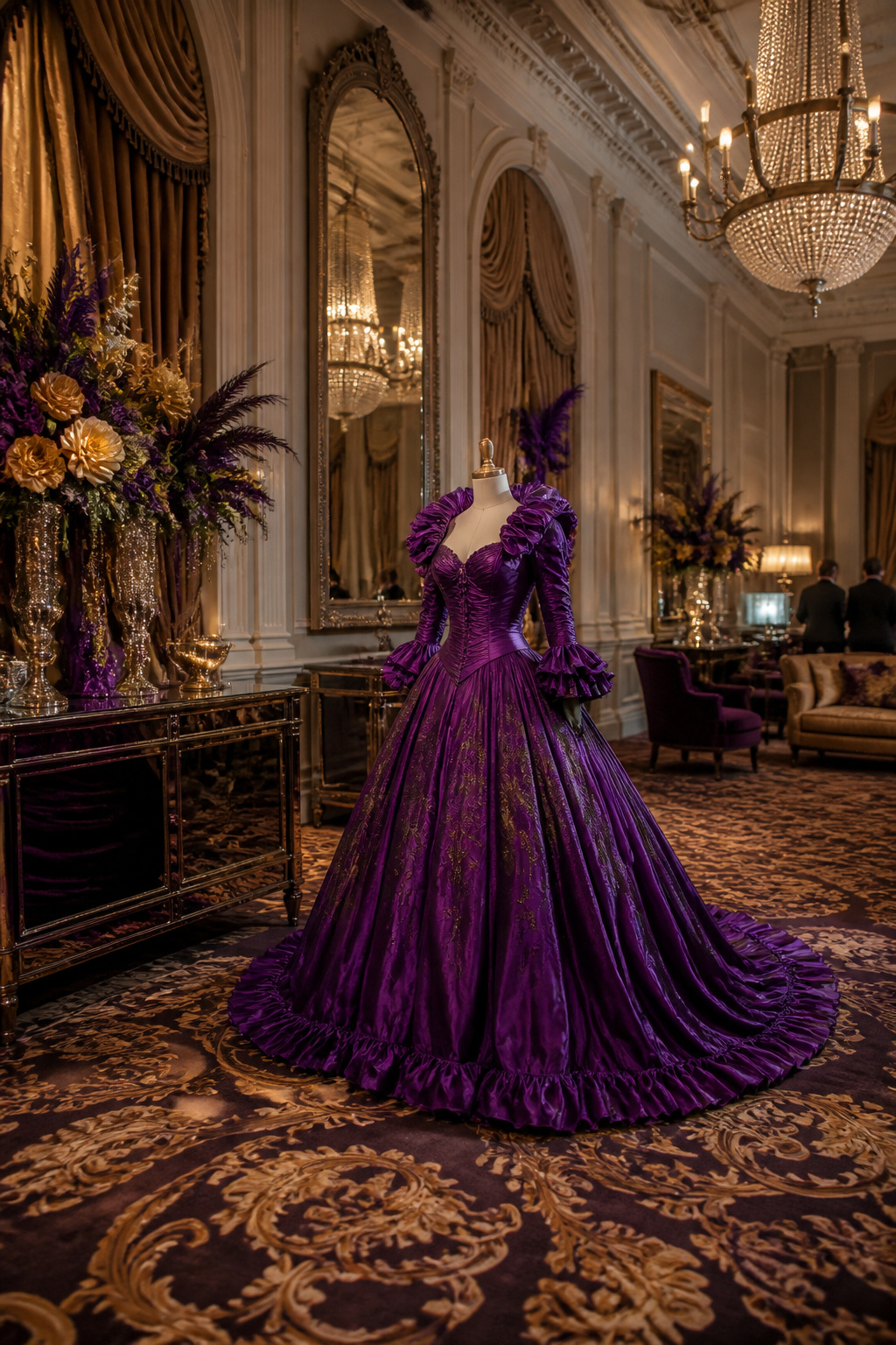 Victorian ball gown with ruffle collar displayed on a flat surface.
