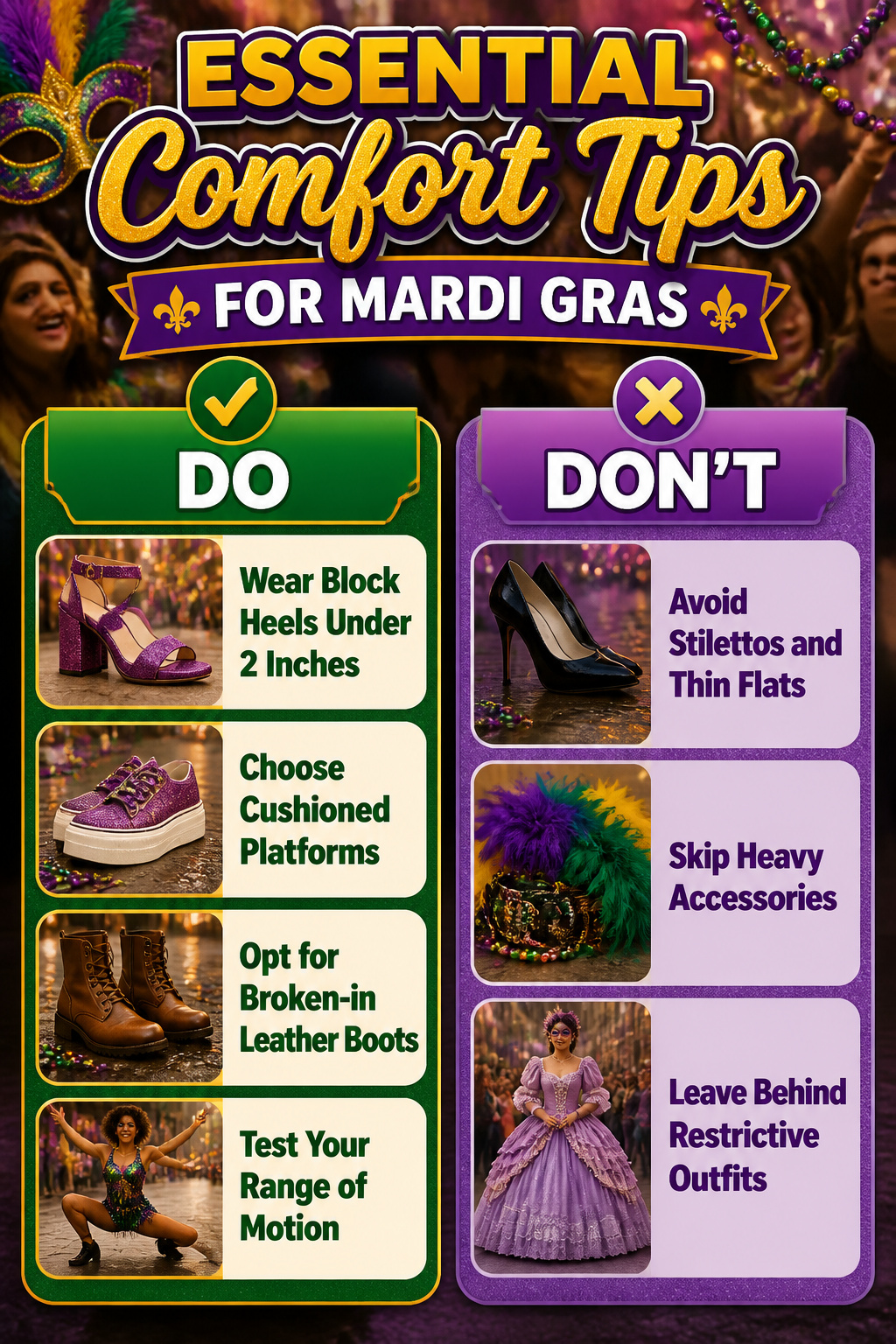Information image about comfort tips for Mardi Gras footwear.