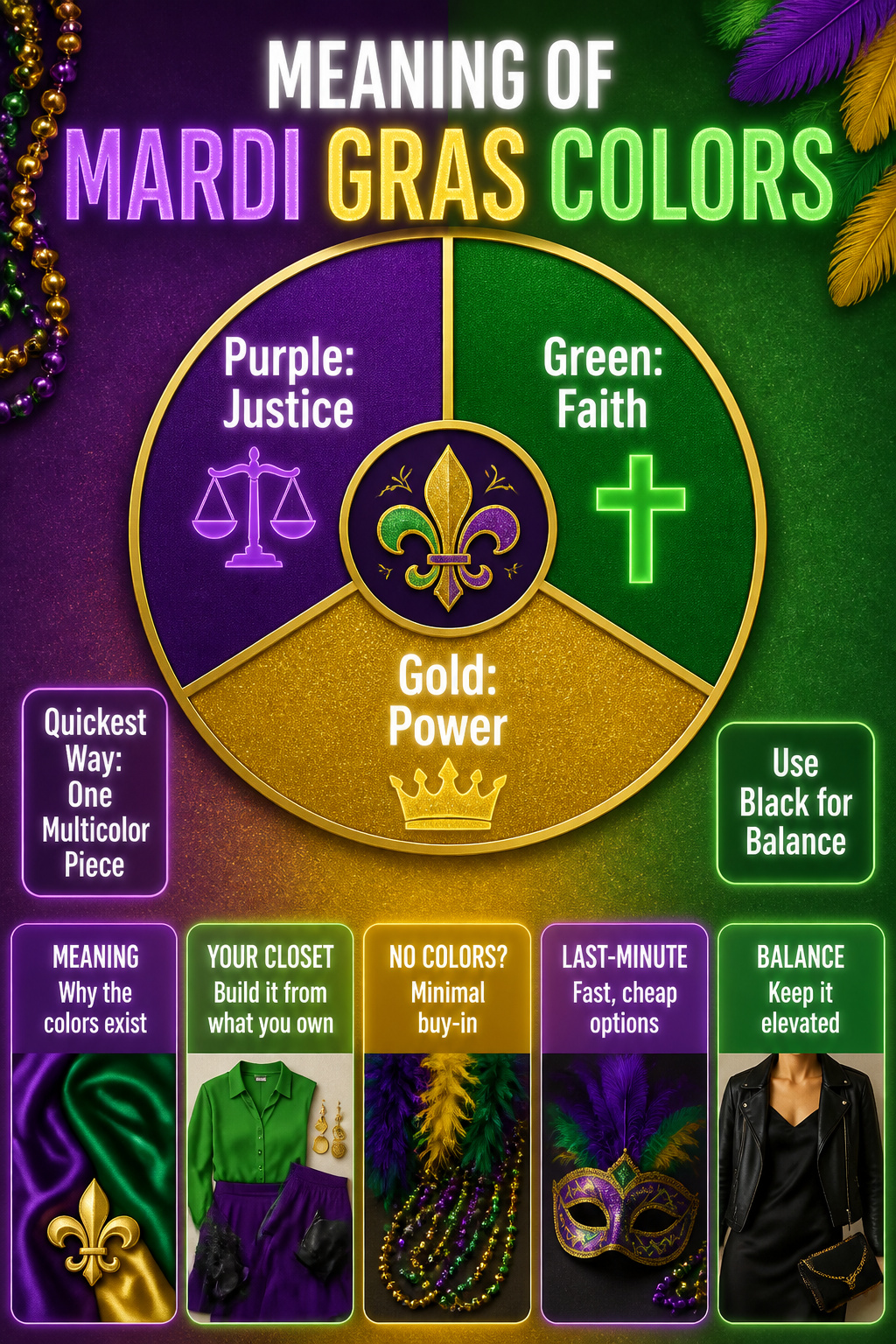 Information image detailing the meanings of Mardi Gras colors.