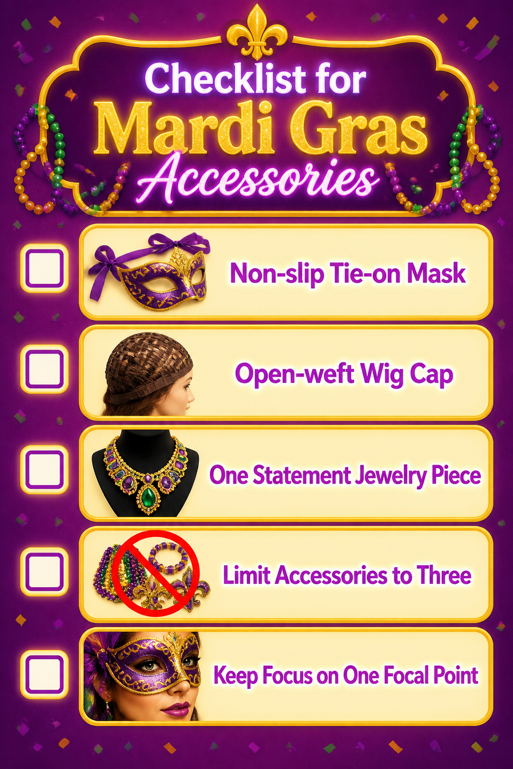 Information image about essential Mardi Gras accessories.