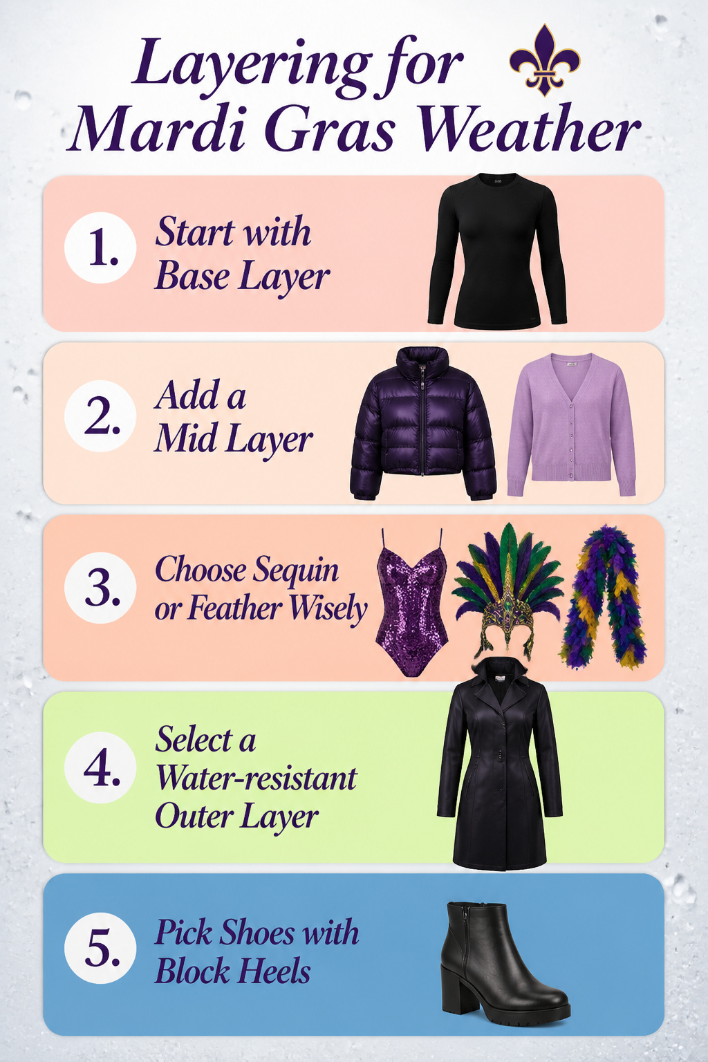 Information image about layering for Mardi Gras weather.