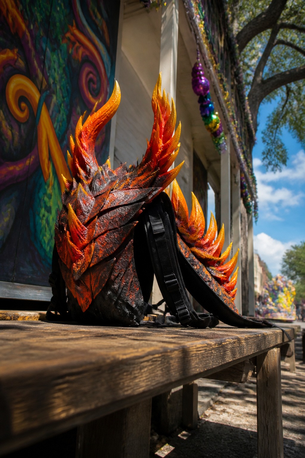 Flame-shaped shoulder collar backpack resting on a flat surface.