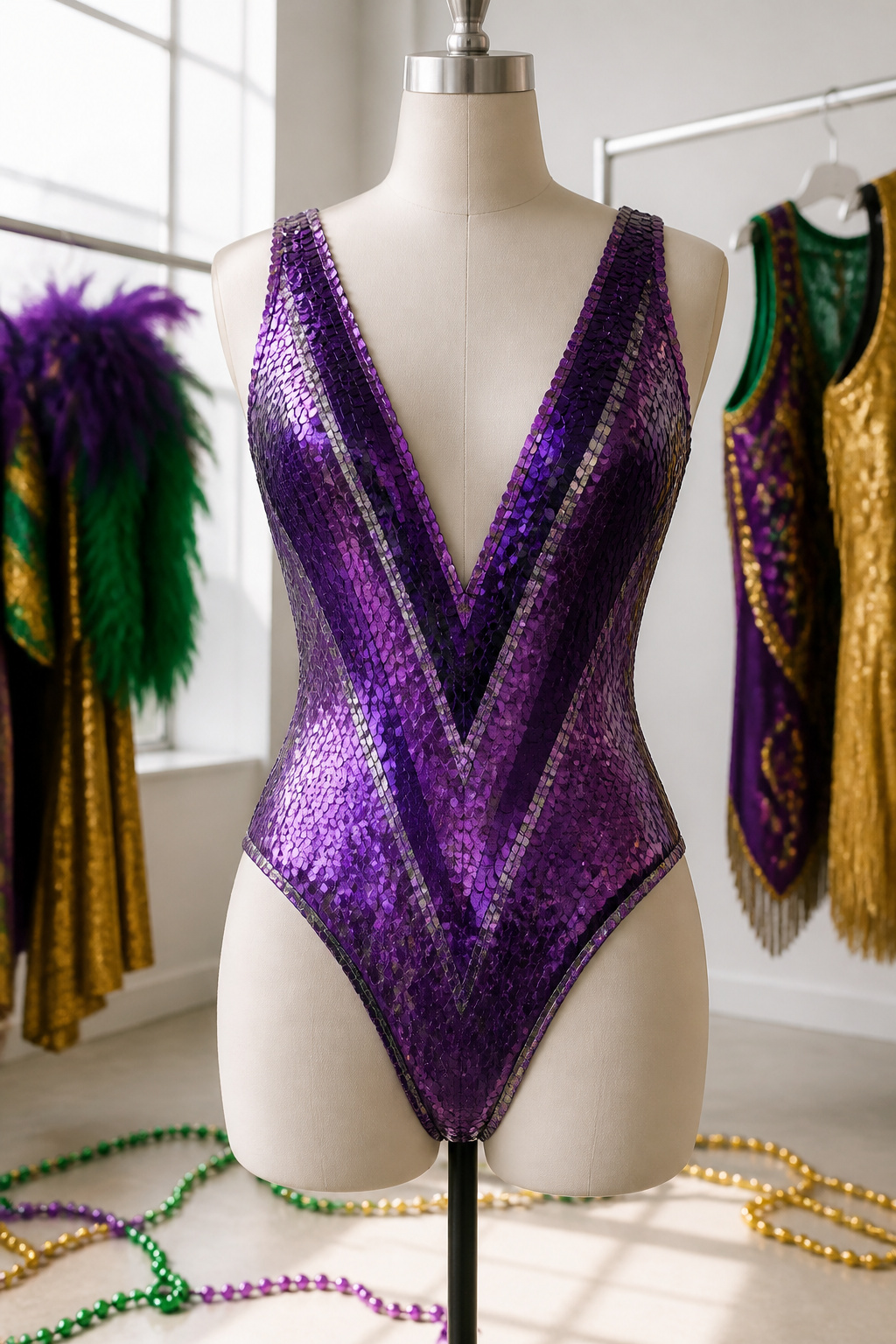 Purple v-shape sequin bodysuit displayed on a flat surface.