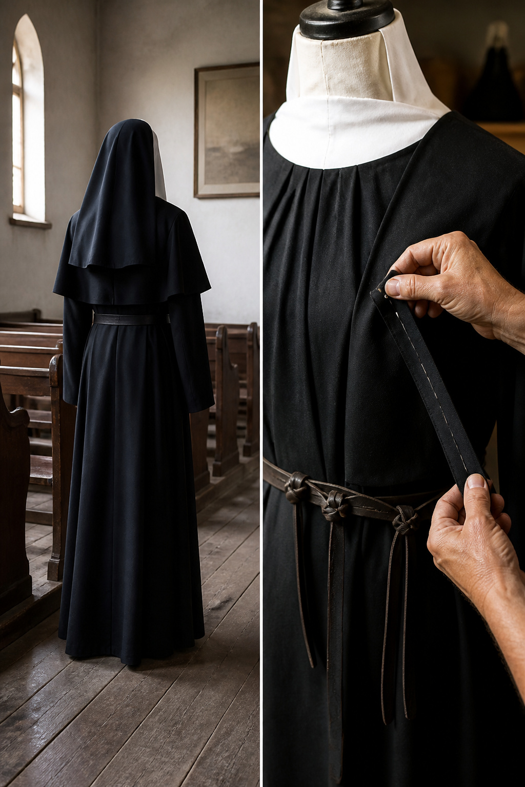 A traditional nun habit featuring a tunic, scapular, and coif.