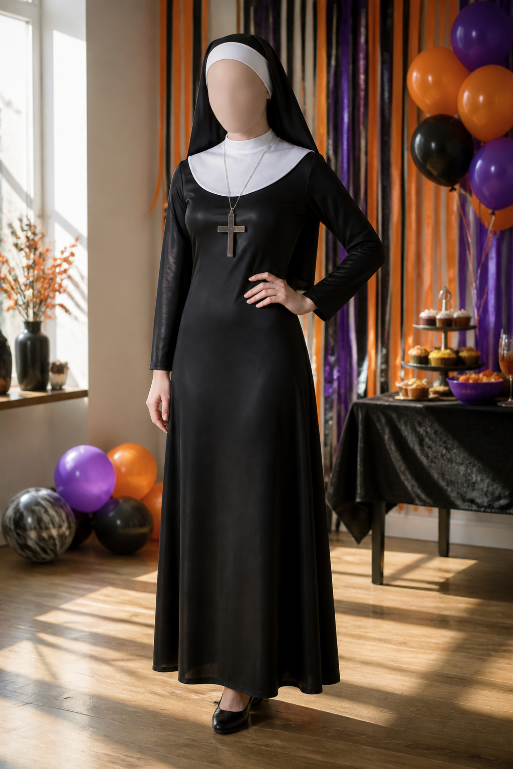 A women's nun costume with a long black dress and white collar.