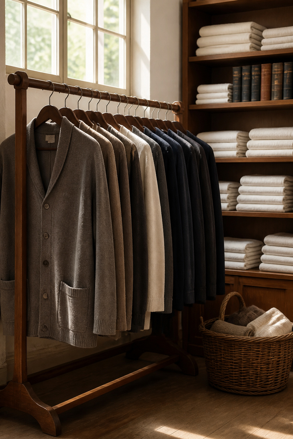 A selection of cardigans and jackets in neutral shades on hangers.
