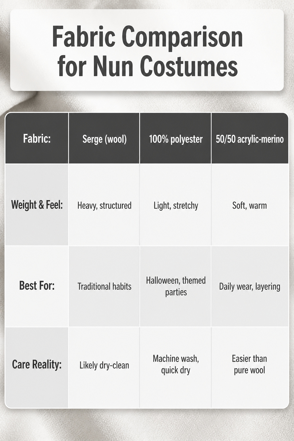 Fabric comparison chart for nun costumes including serge and polyester.