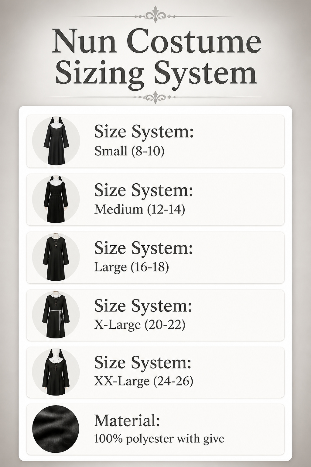 Sizing information for women's nun costumes indicating sizes Small to XX-Large.