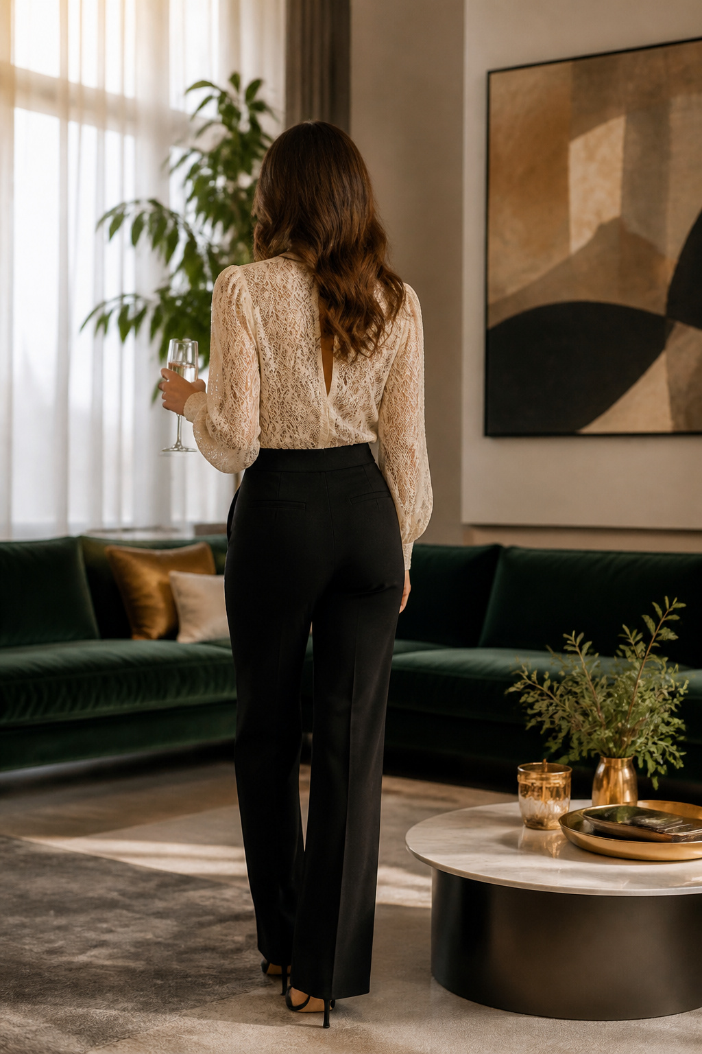 A cream lace blouse and tailored black trousers displayed together.