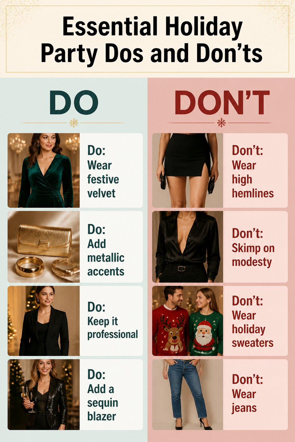 An image listing essential dos and don'ts for holiday party attire.