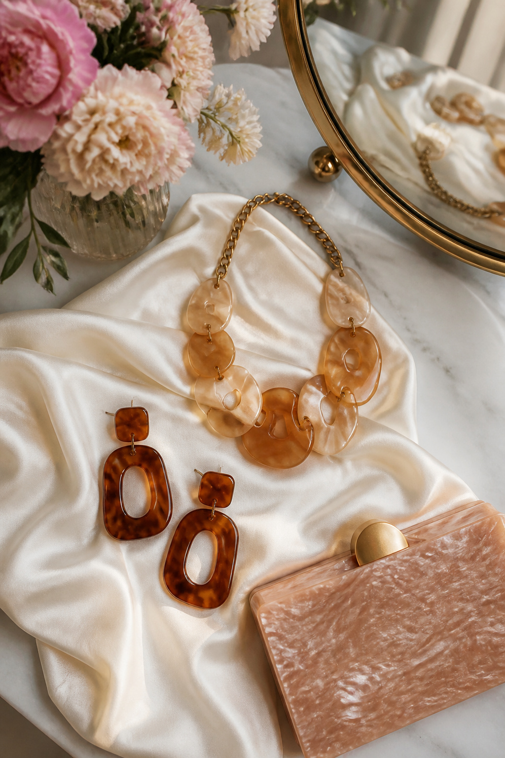 A collection of statement earrings and a stylish clutch bag on display.
