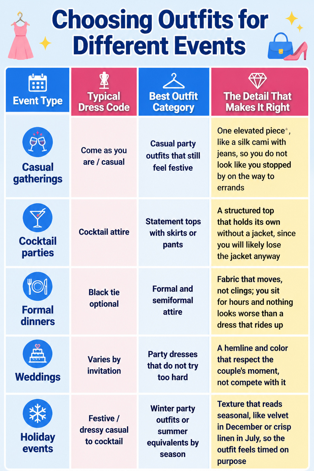 A chart displaying outfit categories for different event types.