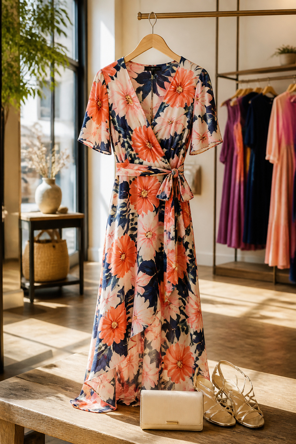 A collection of colorful dresses displayed on hangers.
