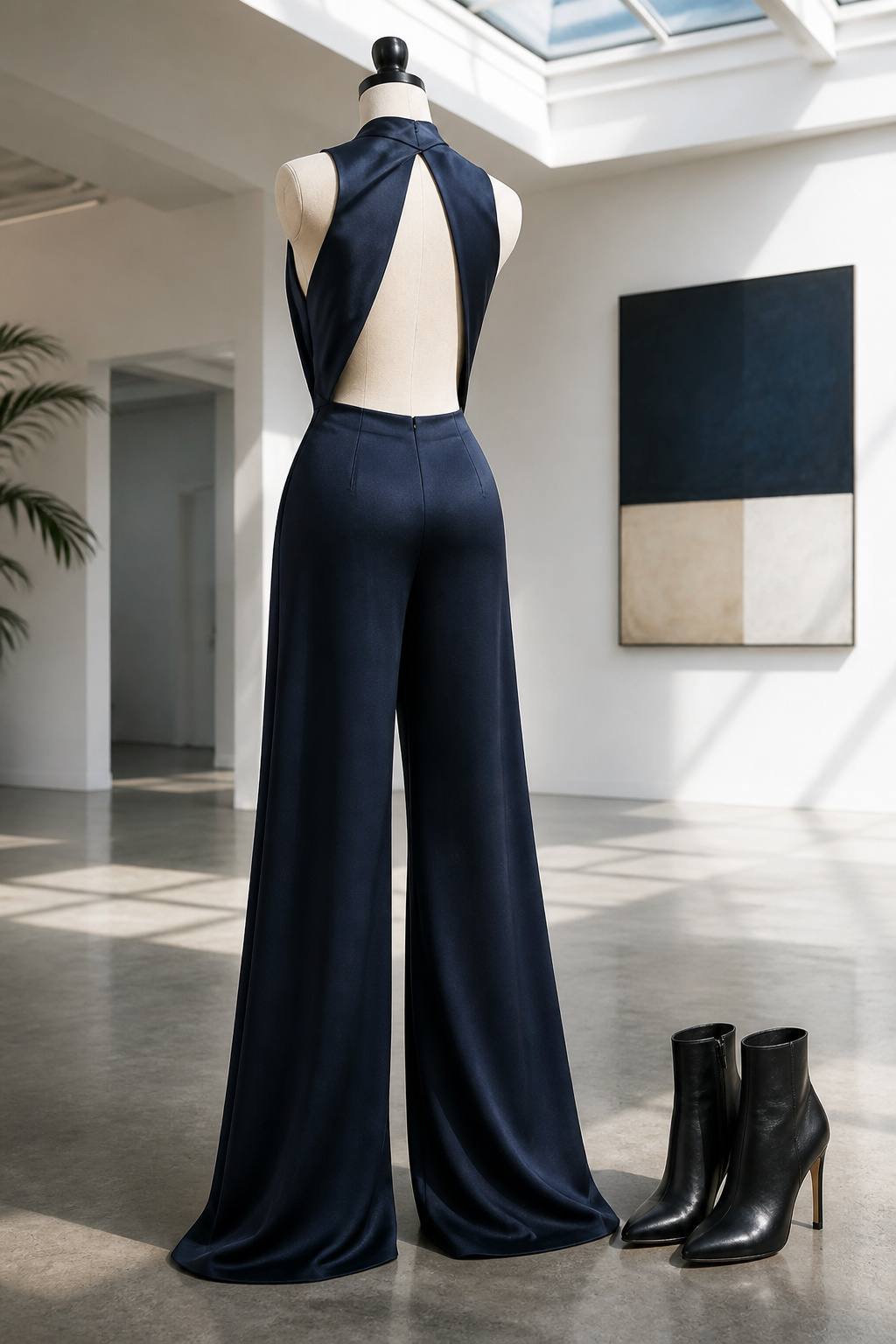 A stylish jumpsuit with a wide leg displayed on a mannequin.