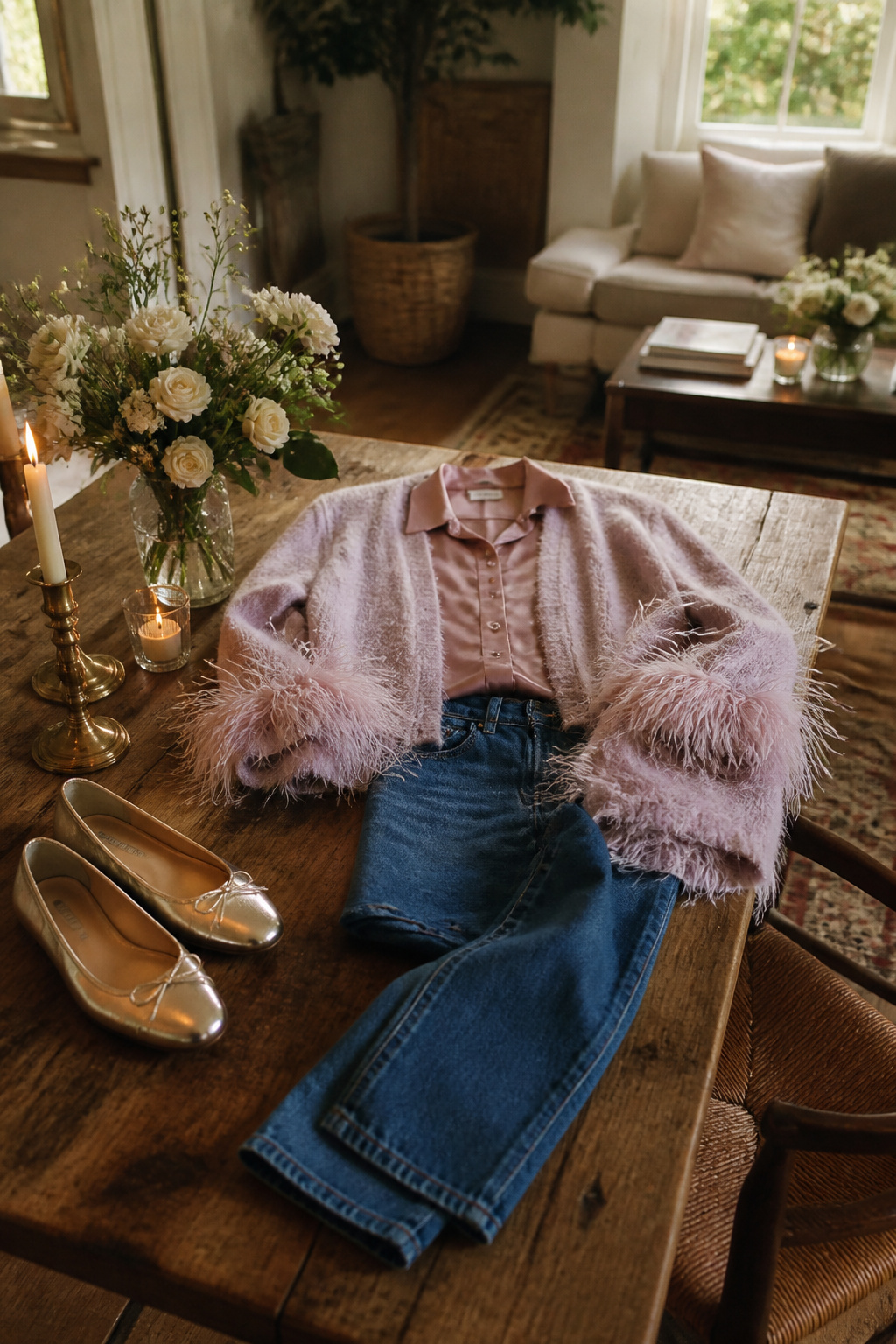 A feather-trimmed cardigan and denim jeans laid out on a rustic table.