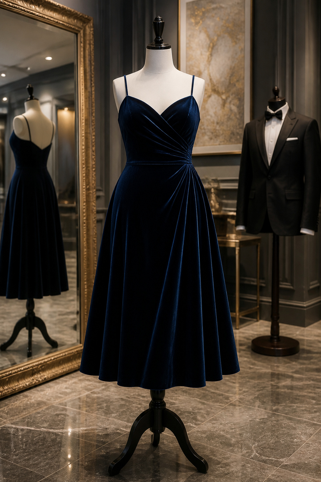 A luxurious velvet midi dress displayed on a mannequin.
