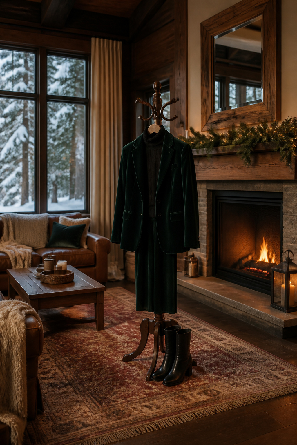 A cozy winter outfit featuring layered fabrics and rich colors.