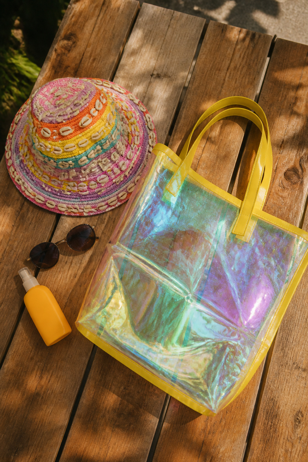 A beach hat and tote bag are placed on a lounge chair.