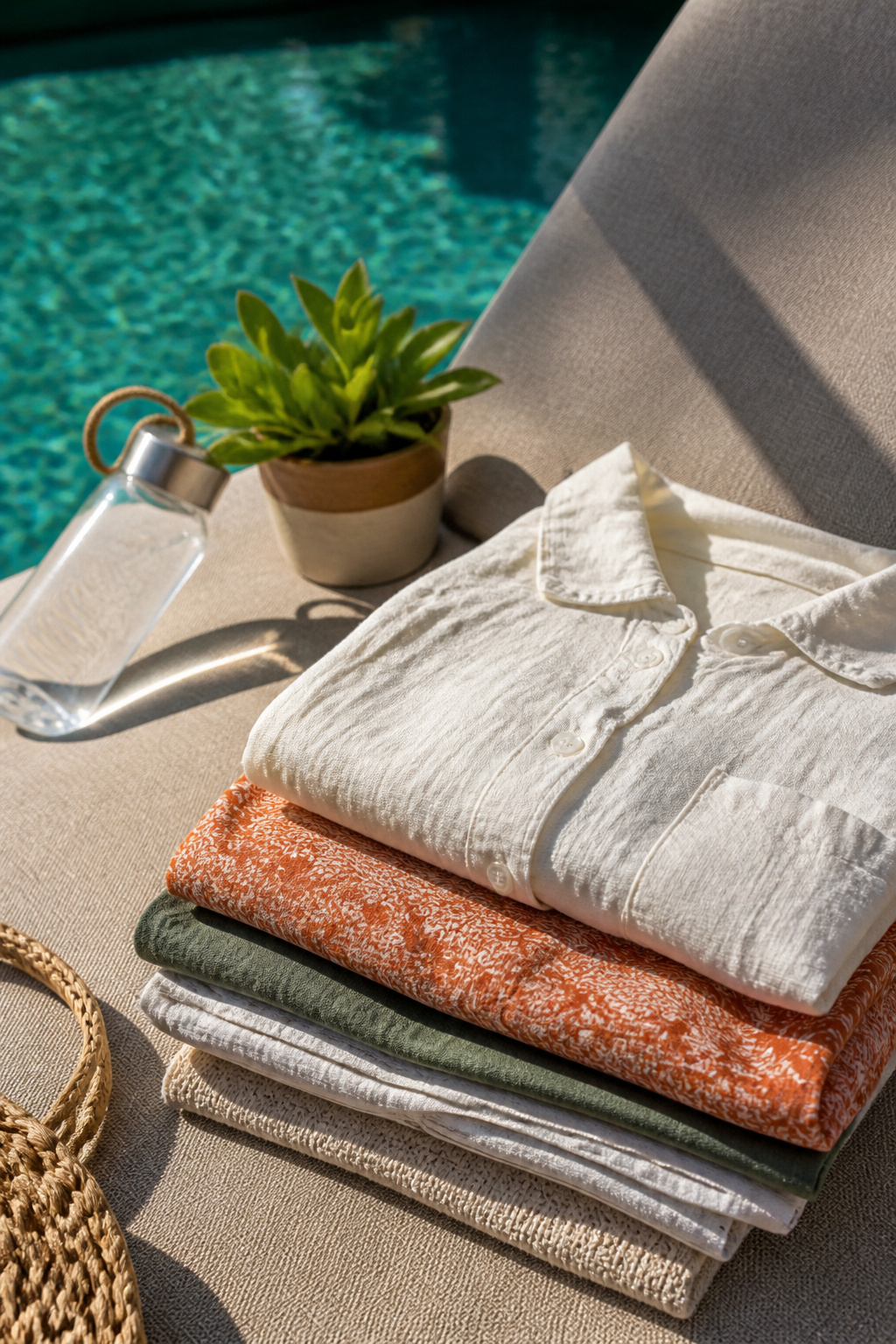 Cotton and linen clothes laid out on a sun-drenched lounge chair.