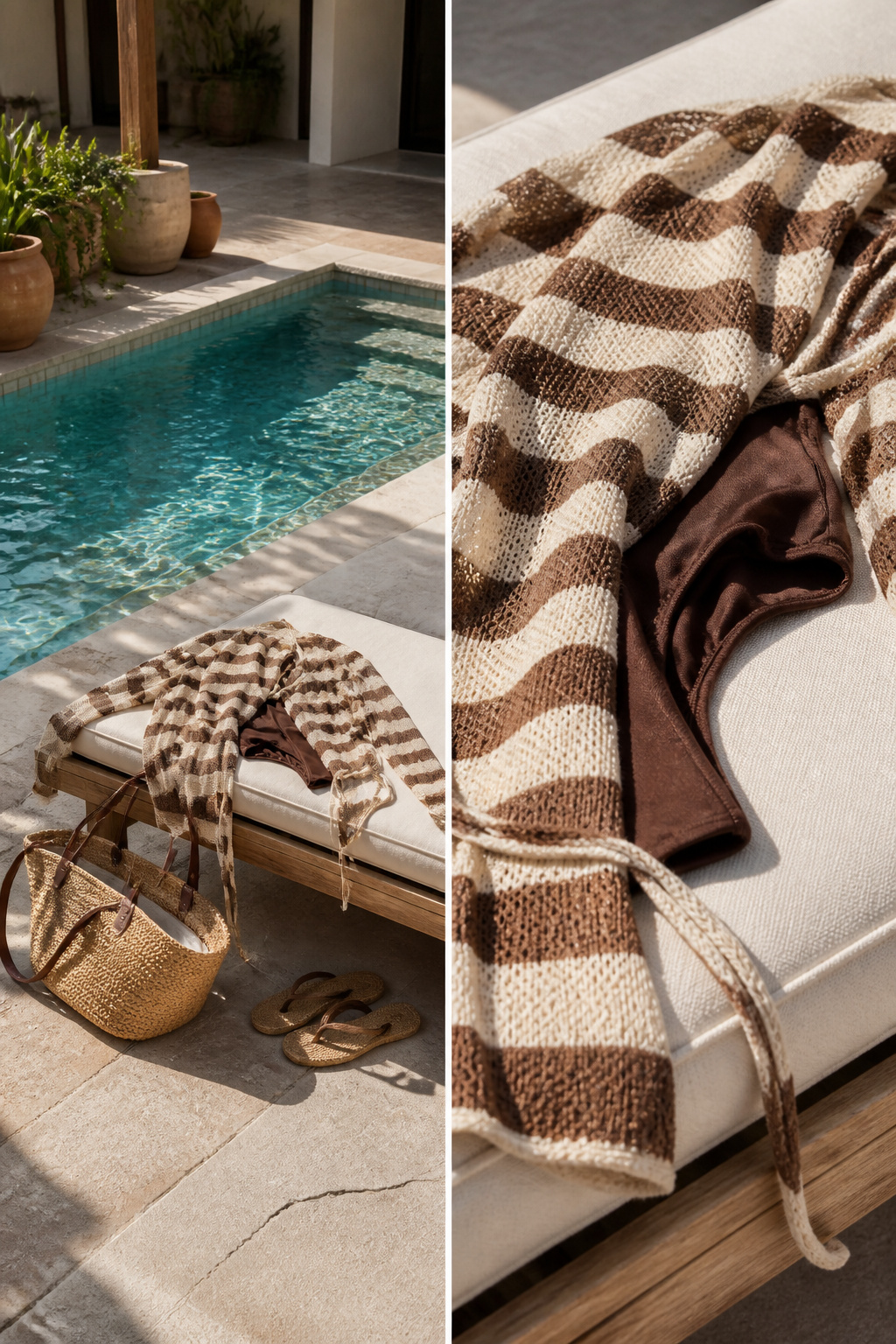 A striped cover-up over a brown one-piece swimsuit on a lounge chair.