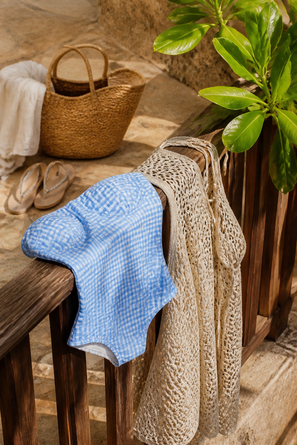 A blue gingham swimsuit with a crochet dress draped over a wooden banister.