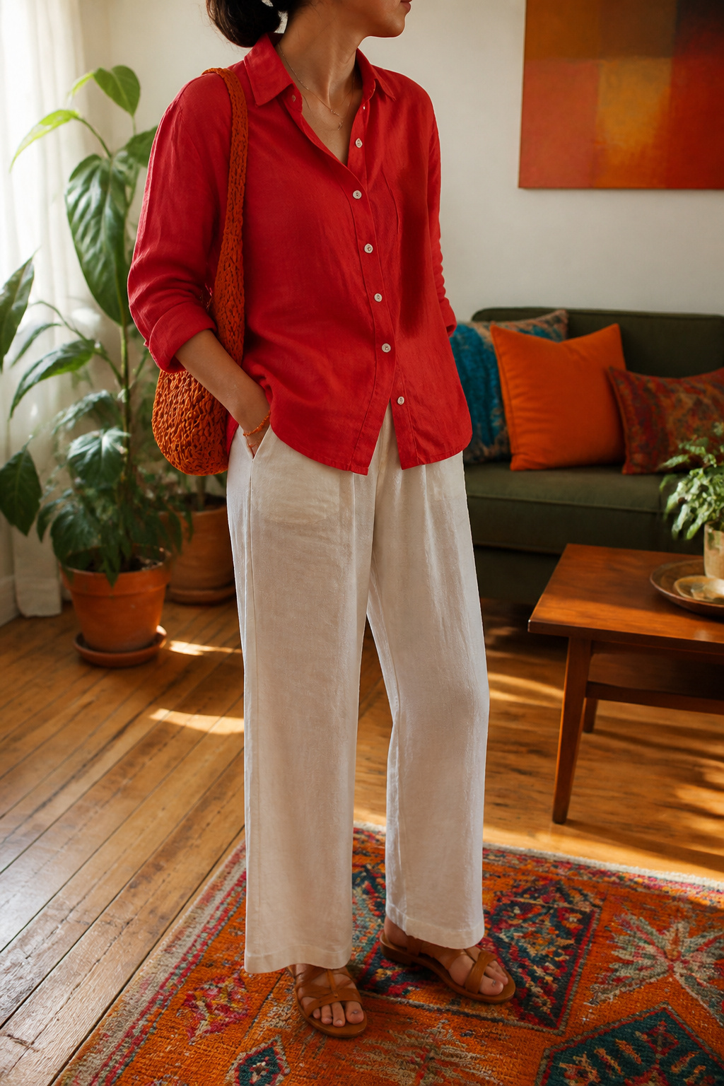 Red linen button-down shirt with orange accessories in a stylish living room.