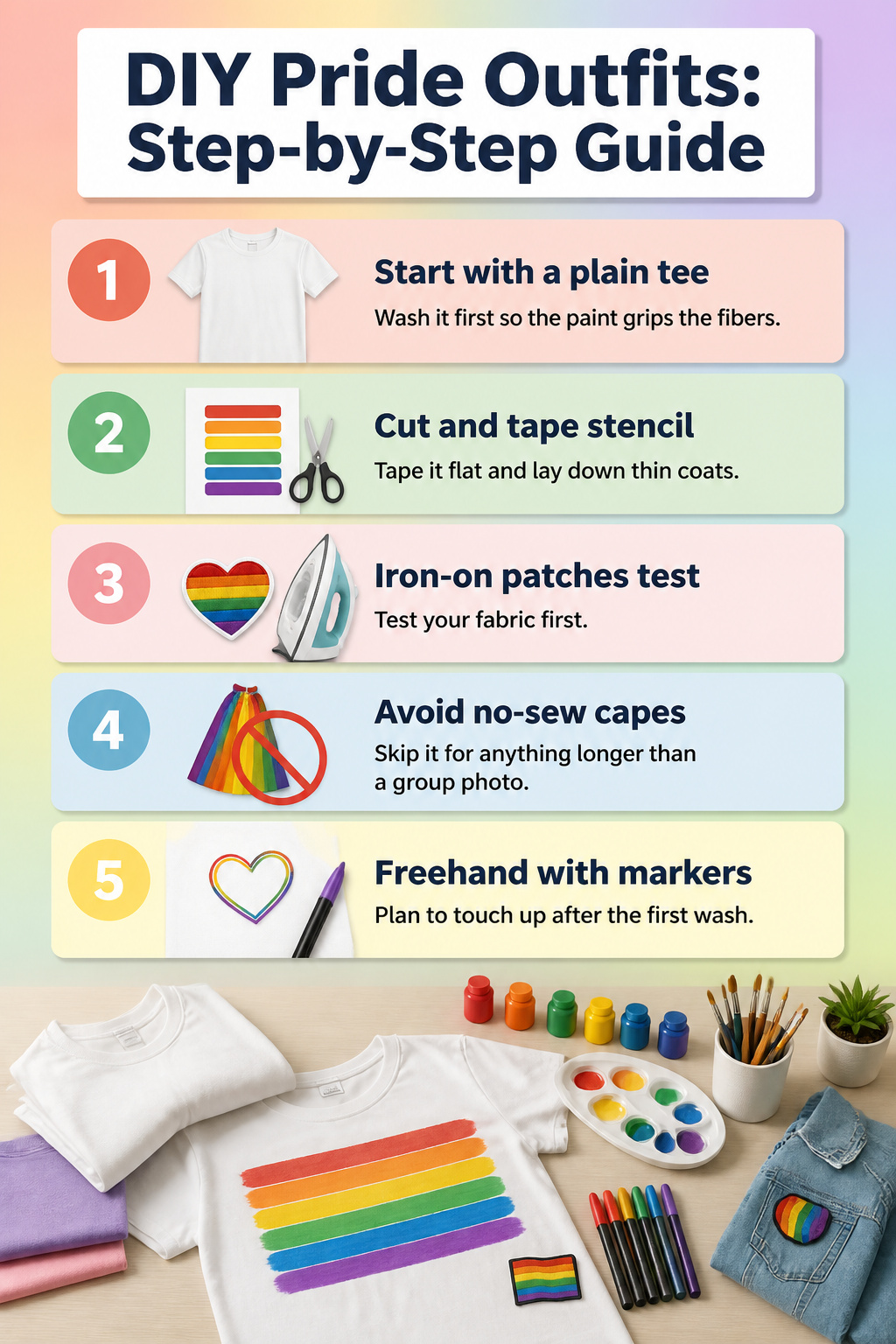 An instructional image for making DIY pride outfits with detailed steps.
