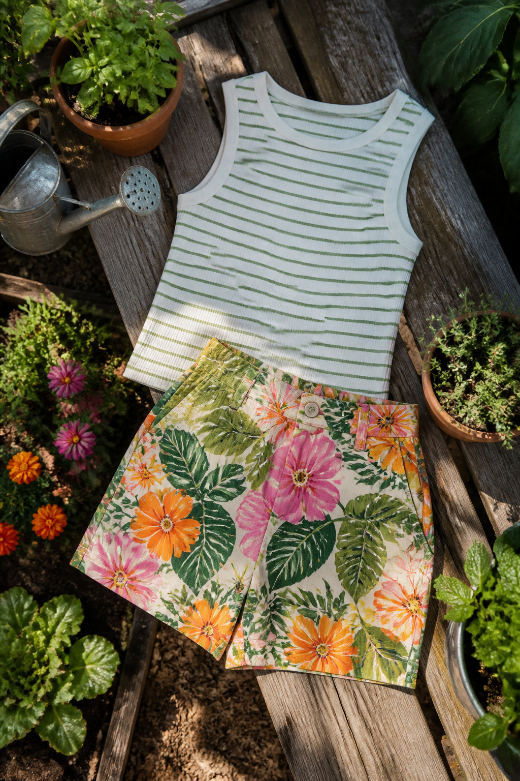 Floral print shorts and a striped sleeveless top displayed together.