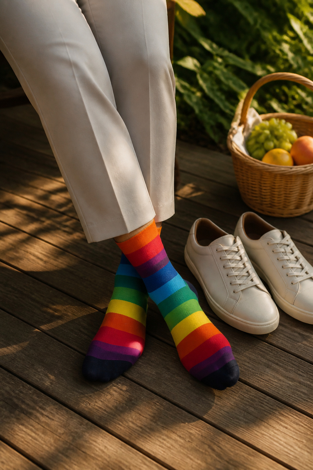 Close-up of striped socks paired with cropped trousers on a wooden deck.
