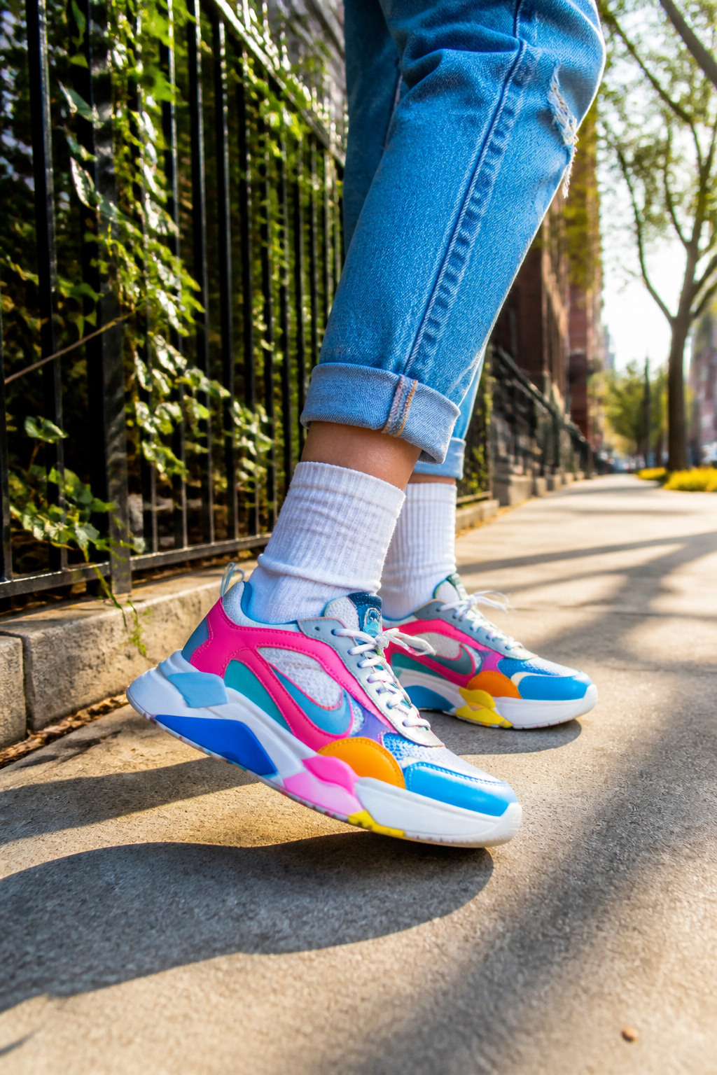 Colorful chunky sneakers resting on a concrete sidewalk.