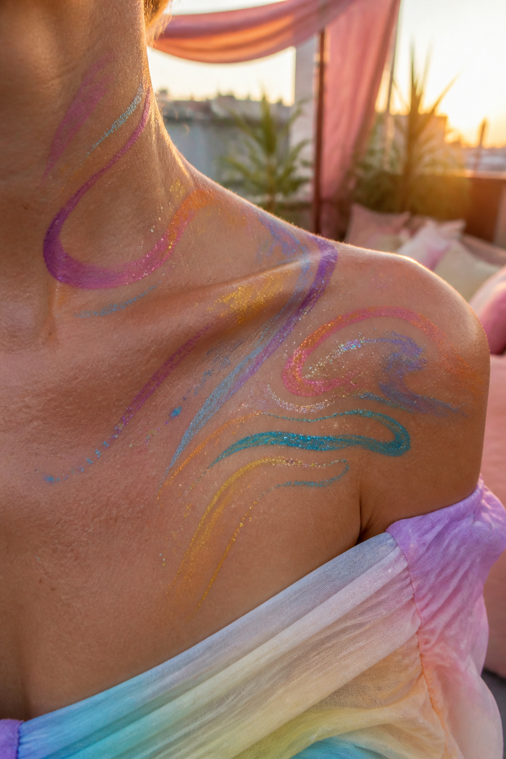 Close-up of body paint designs on skin at a rooftop gathering.