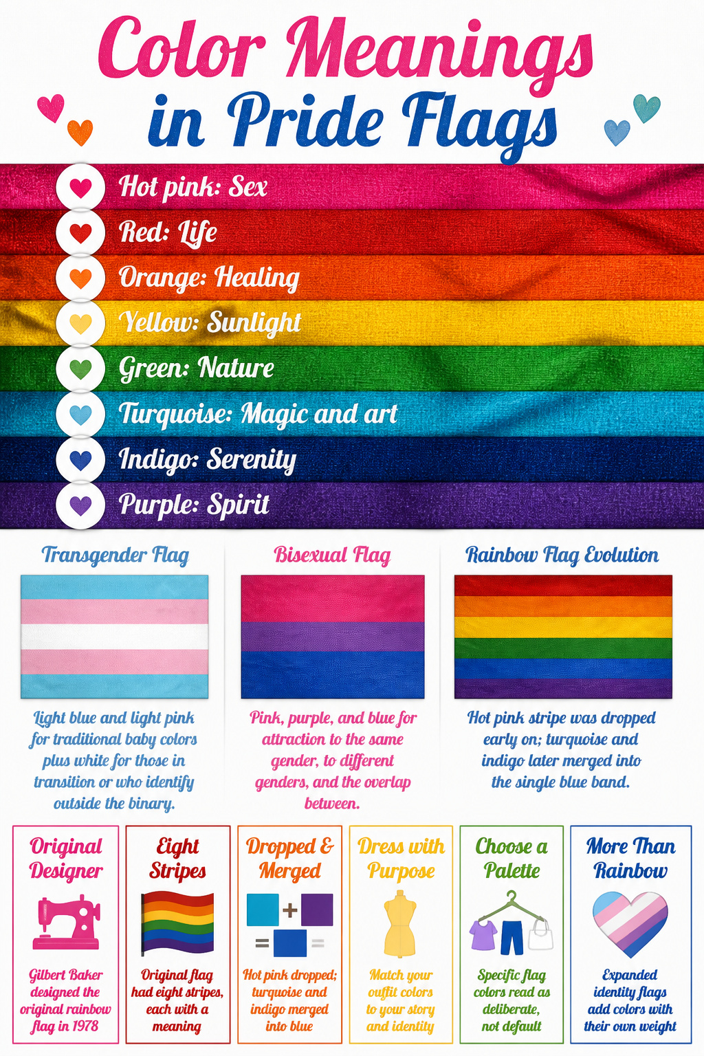 Infographic detailing the meanings of colors in pride flags.