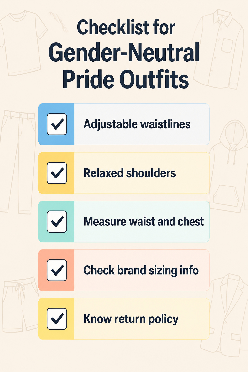 Checklist for gender-neutral pride outfits displayed on a soft background.